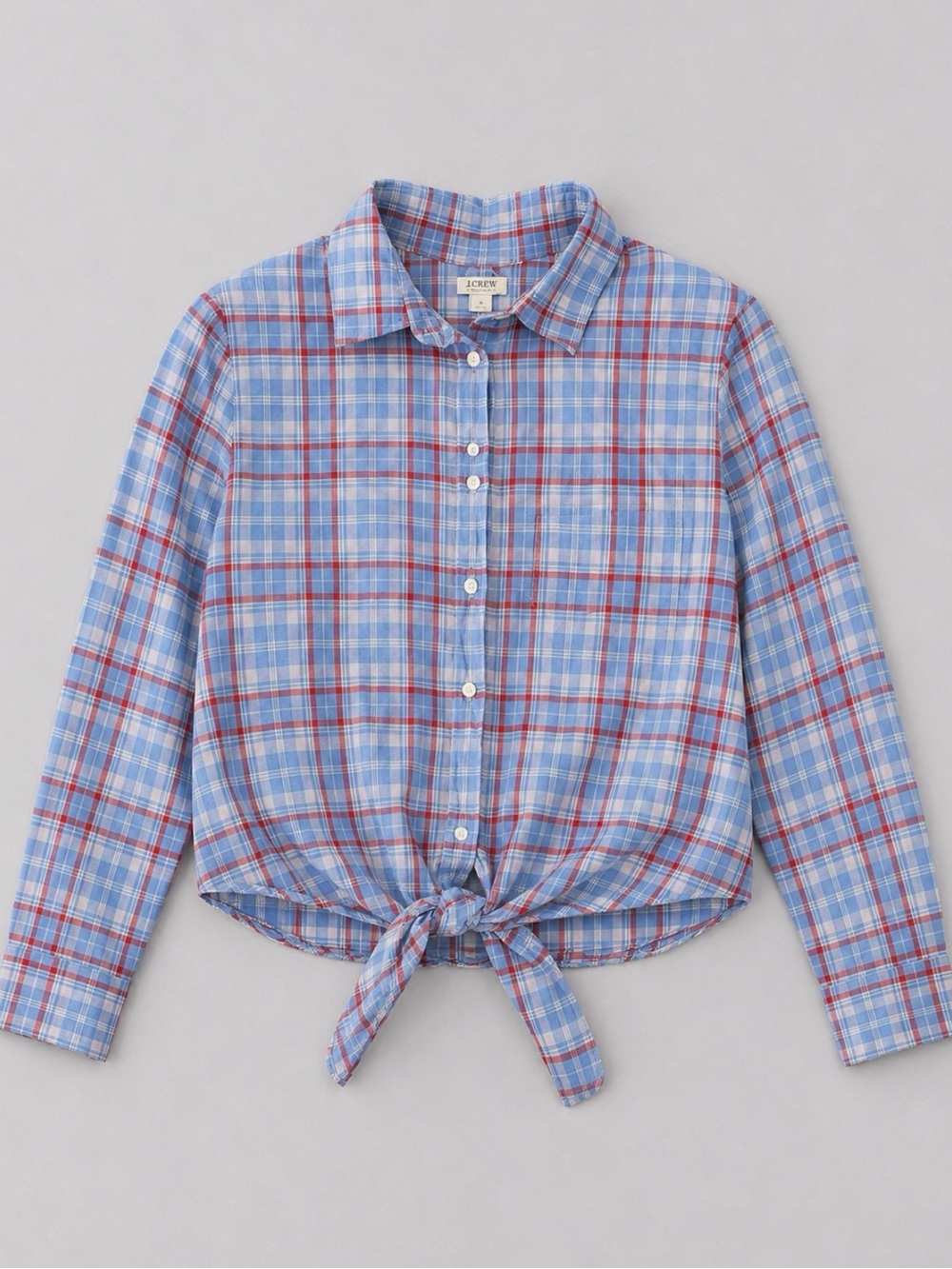J. Crew Blue and Red Plaid Tie-Front Button-Down Shirt